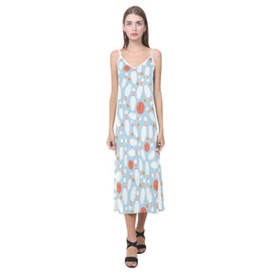 Bowling ball bowling pins blue blackground V-Neck Open Fork Long Dress