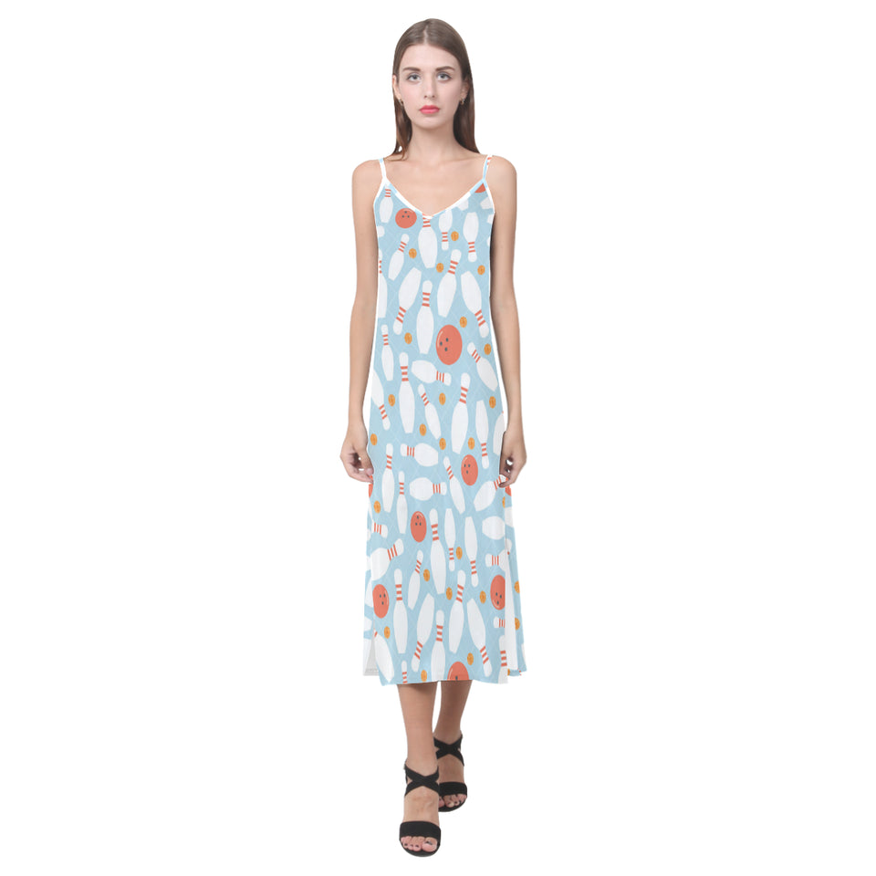 Bowling ball bowling pins blue blackground V-Neck Open Fork Long Dress