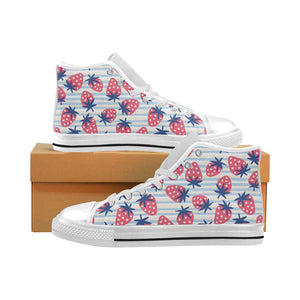 Strawberry pattern blue lines background Men's High Top Canvas Shoes White