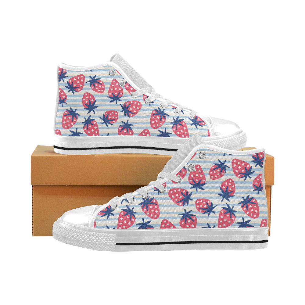 Strawberry pattern blue lines background Men's High Top Canvas Shoes White