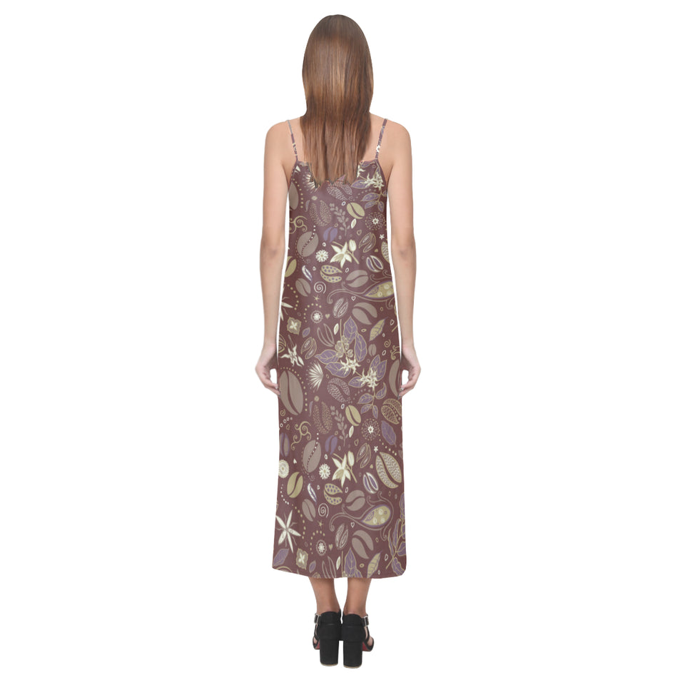 Coffee bean flower pattern V-Neck Open Fork Long Dress