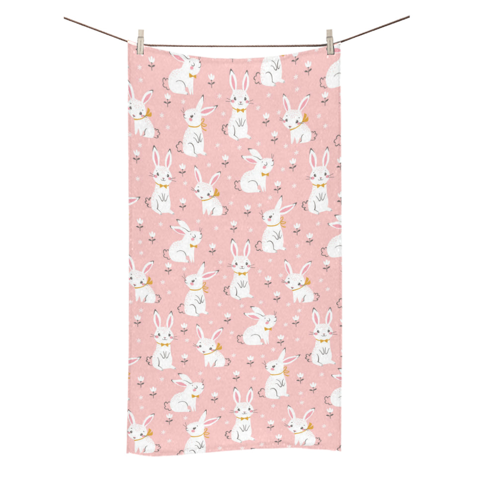 Cute white rabbit flower pink background Bath Towel