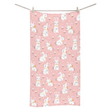 Cute white rabbit flower pink background Bath Towel