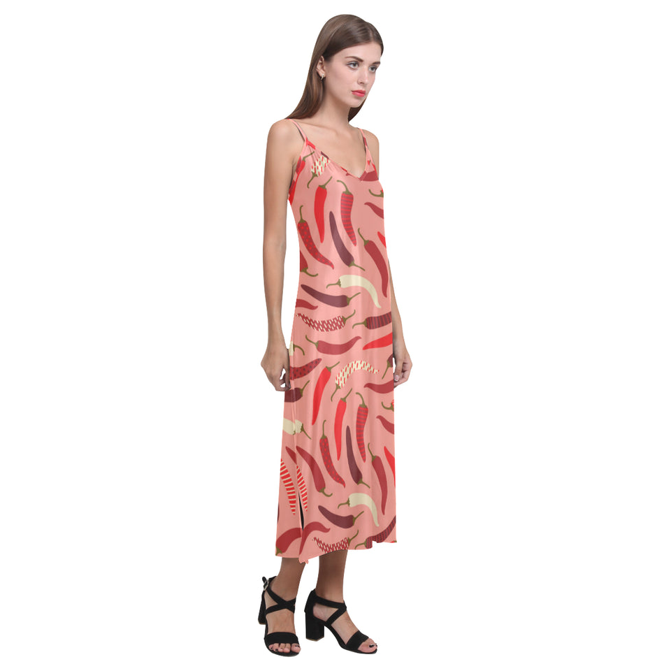 Beautiful Chili peppers pattern V-Neck Open Fork Long Dress