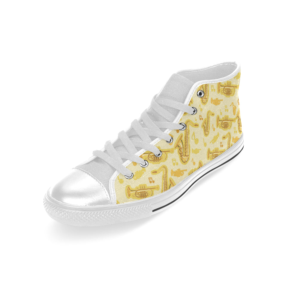 Saxophone cornet pattern yellow background Men's High Top Canvas Shoes White
