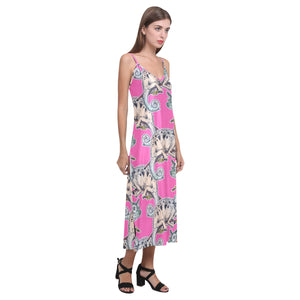 Chameleon lizard pattern pink background V-Neck Open Fork Long Dress