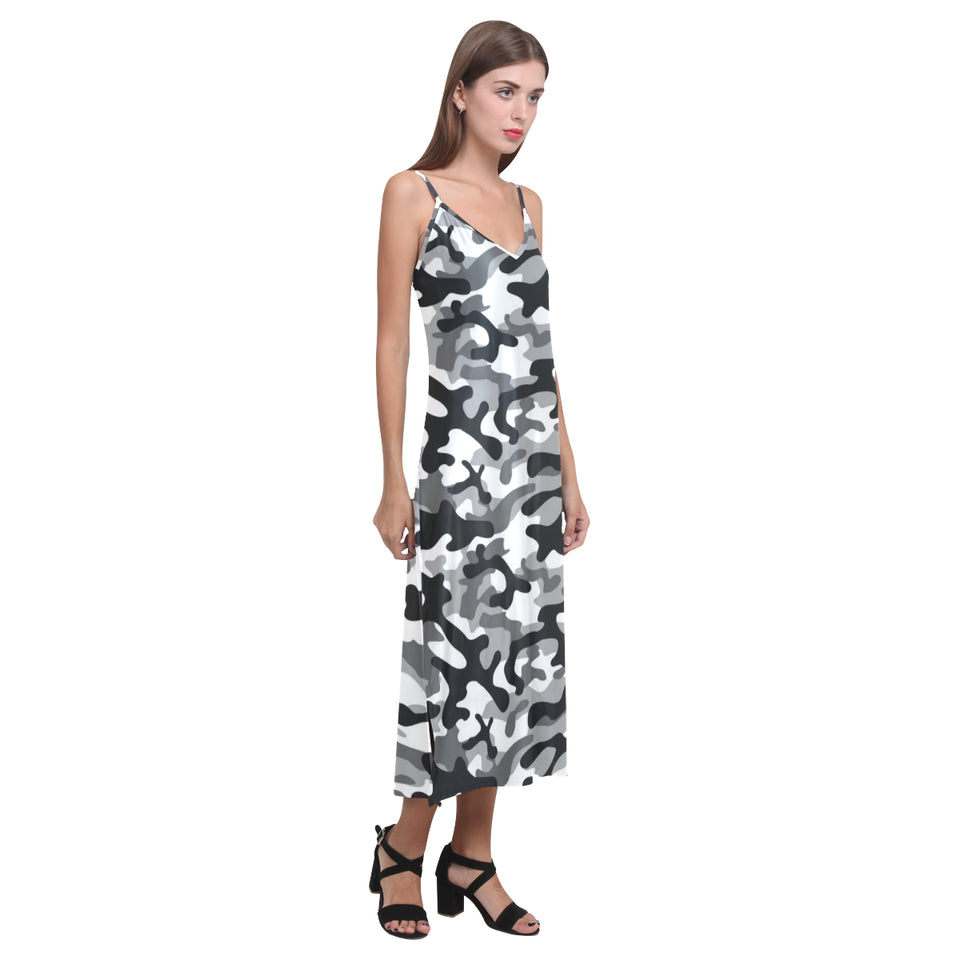 Black white camouflage pattern V-Neck Open Fork Long Dress