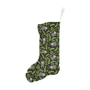 Cute sloths tropical palm leaves black background Christmas Stocking