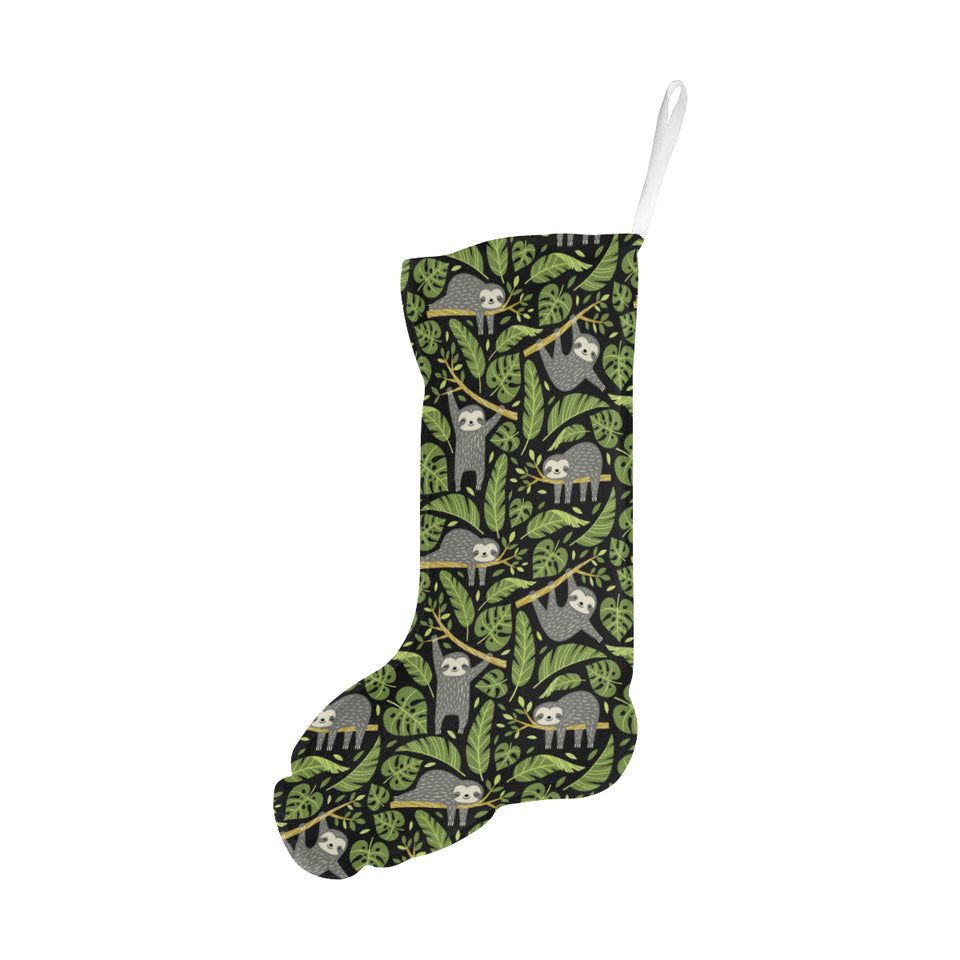 Cute sloths tropical palm leaves black background Christmas Stocking