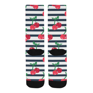 Hand drawn cherry pattern striped background Crew Socks