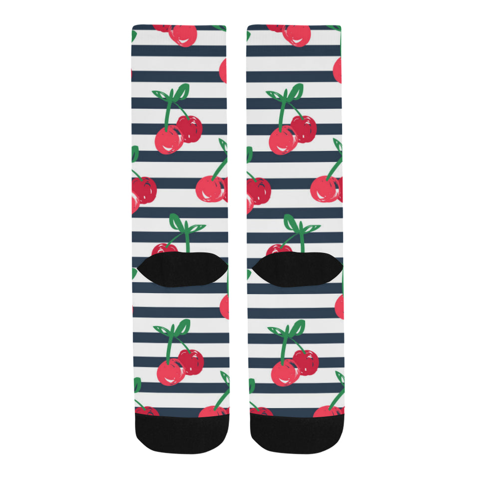 Hand drawn cherry pattern striped background Crew Socks