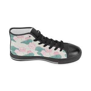 Pink lotus waterlily leaves pattern Women's High Top Canvas Shoes Black