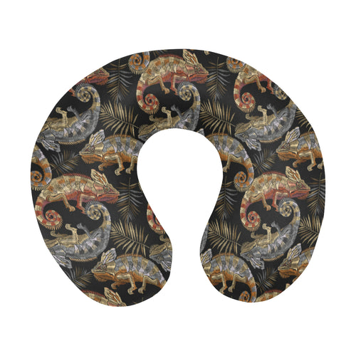 Chameleon lizard tropical leaves palm tree U-Shaped Travel Neck Pillow