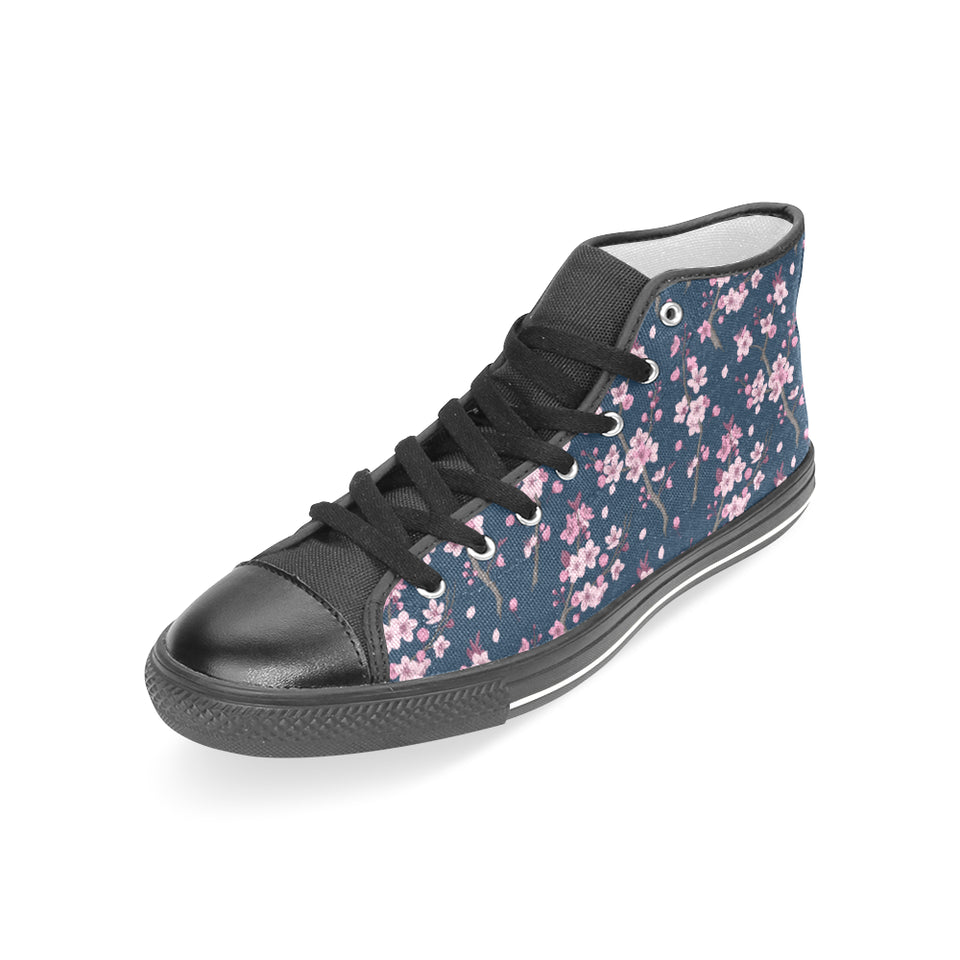 Pink sakura cherry blossom blue background Women's High Top Canvas Shoes Black
