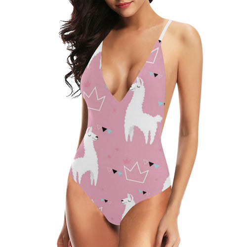 Llama Alpaca pink background Women's One-Piece Swimsuit