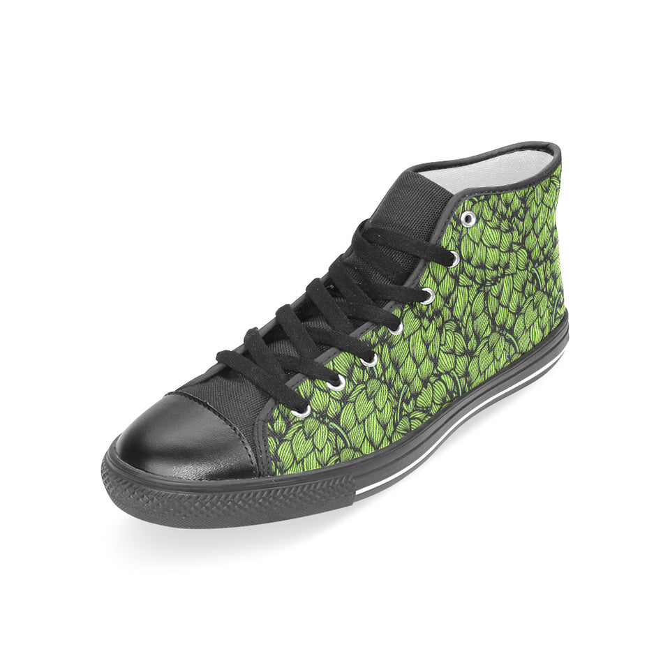 Green hop pattern Women's High Top Canvas Shoes Black
