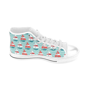 Red White sailboat wave background Men's High Top Canvas Shoes White