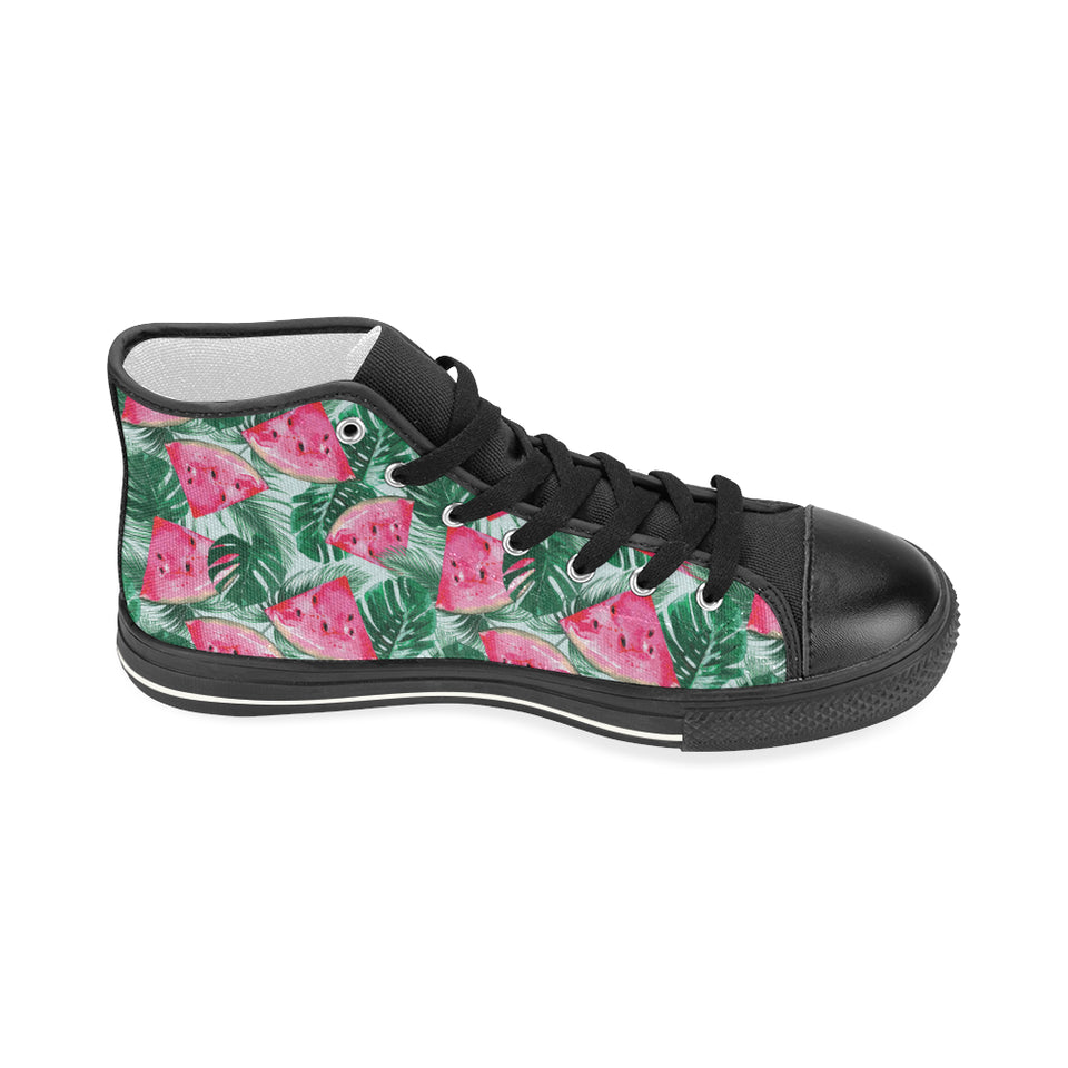 Watermelons tropical palm leaves pattern Women's High Top Canvas Shoes Black
