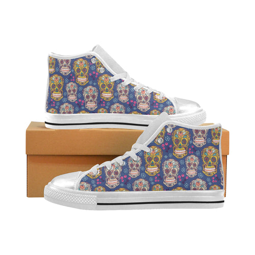 Sugar skull flower pattern Women's High Top Canvas Shoes White