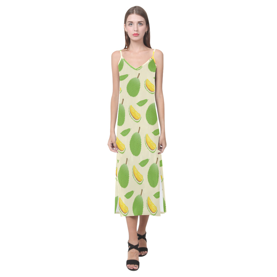 Durian pattern V-Neck Open Fork Long Dress