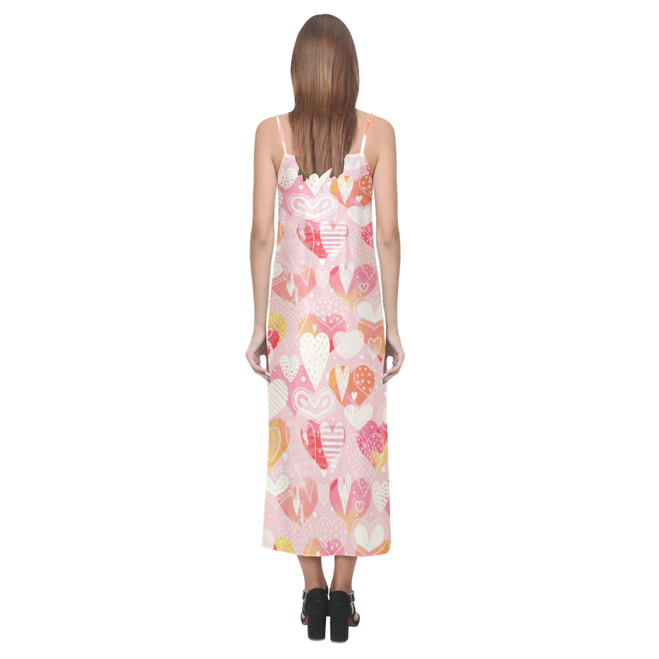 Hand drawn heart design pattern V-Neck Open Fork Long Dress