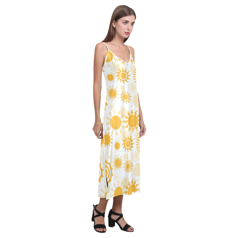 Sun design pattern V-Neck Open Fork Long Dress
