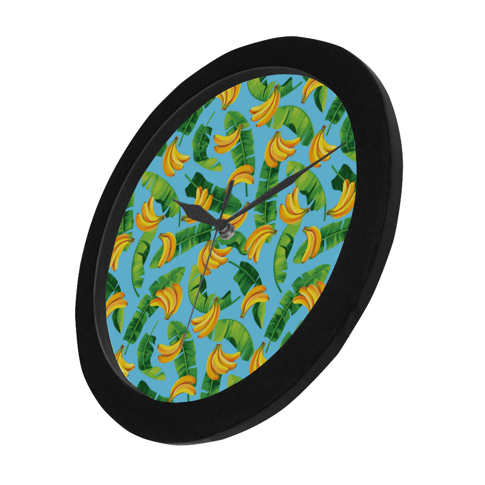 banana leaves banana design pattern Elegant Black Wall Clock