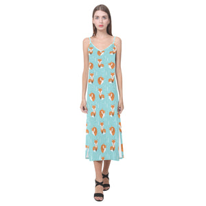Fox pattern blue b ackground V-Neck Open Fork Long Dress