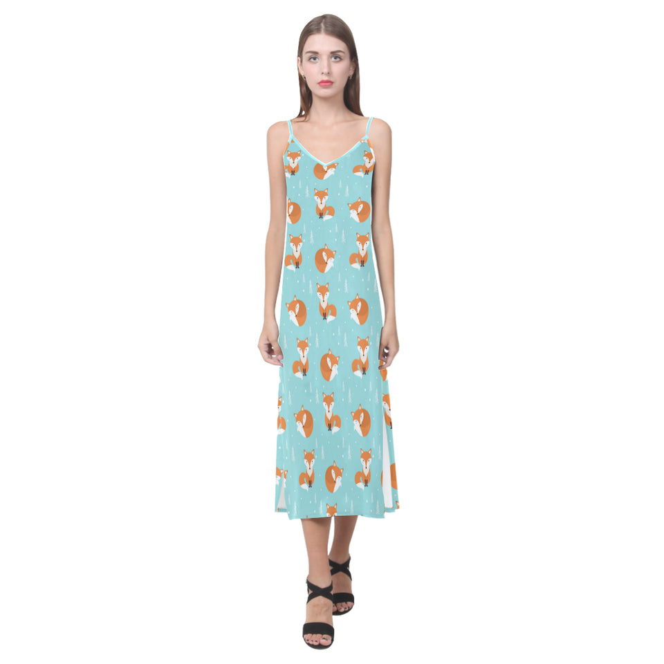 Fox pattern blue b ackground V-Neck Open Fork Long Dress