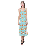 Fox pattern blue b ackground V-Neck Open Fork Long Dress