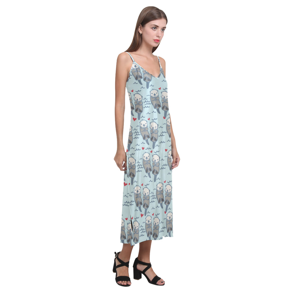 Lovely Sea Otter Pattern V-Neck Open Fork Long Dress