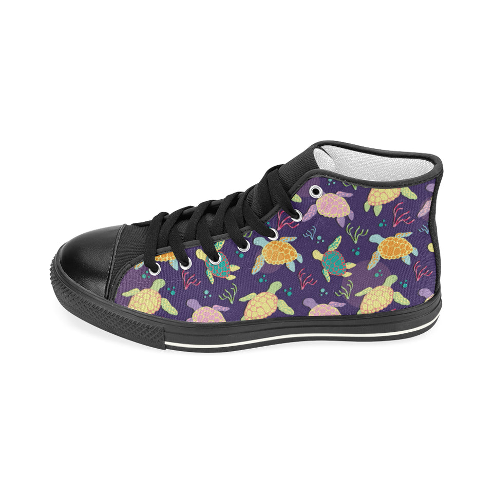 Colorful sea turtle pattern Women's High Top Canvas Shoes Black