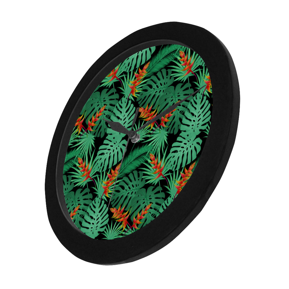 heliconia flower palm monstera leaves black backgr Elegant Black Wall Clock