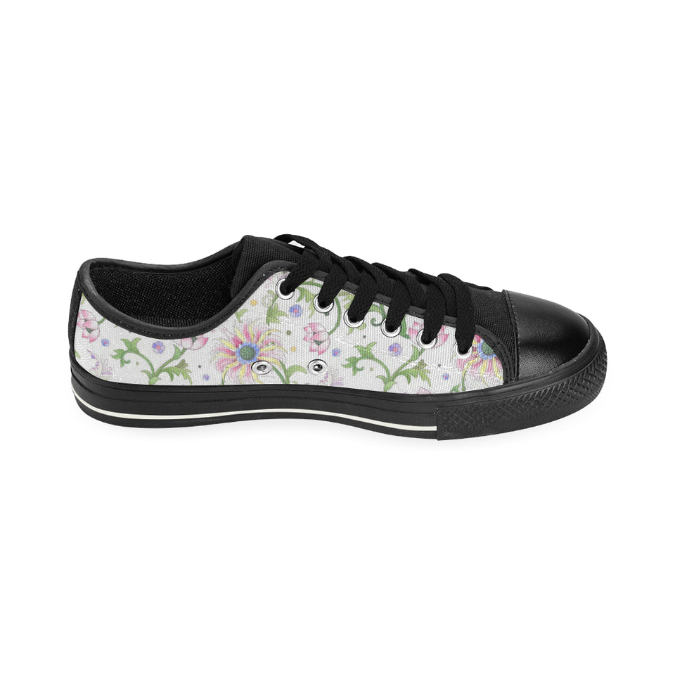 Beautiful pink lotus waterlily leaves pattern Men's Low Top Canvas Shoes Black