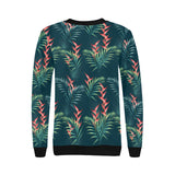 heliconia flowers, palm and monstera leaves on bla Women's Crew Neck Sweatshirt