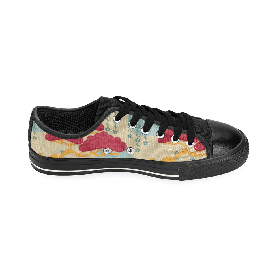 Red Bonsai gray sun japanese pattern Men's Low Top Canvas Shoes Black