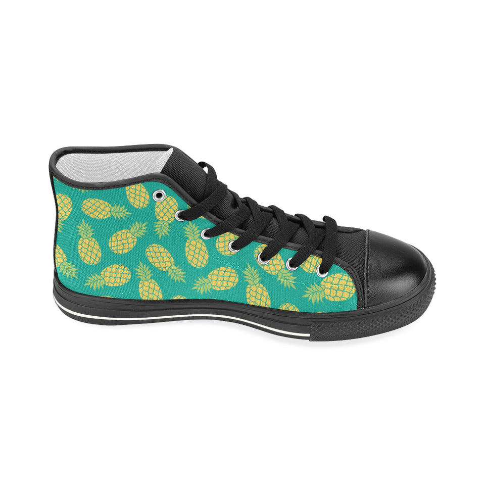 Pineapples pattern green background Women's High Top Canvas Shoes Black