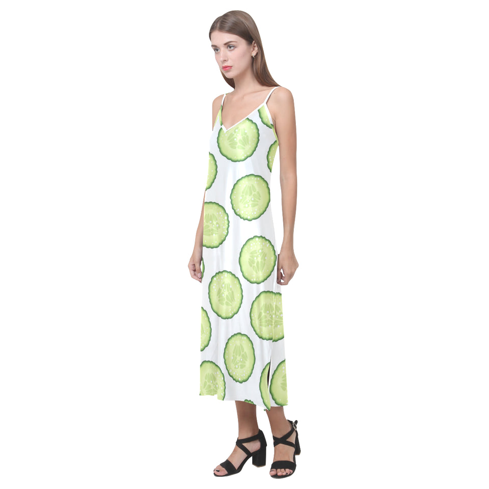 Cucumber slices pattern V-Neck Open Fork Long Dress