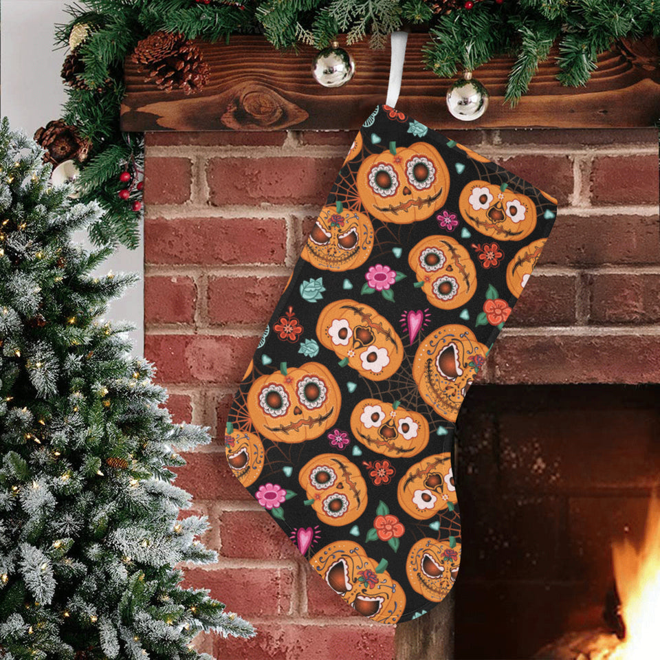 Pumpkin flowers spiderweb Halloween theme Christmas Stocking