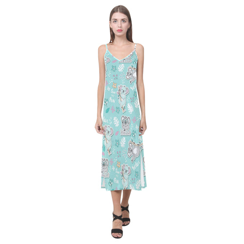 Cute koalas blue background pattern V-Neck Open Fork Long Dress