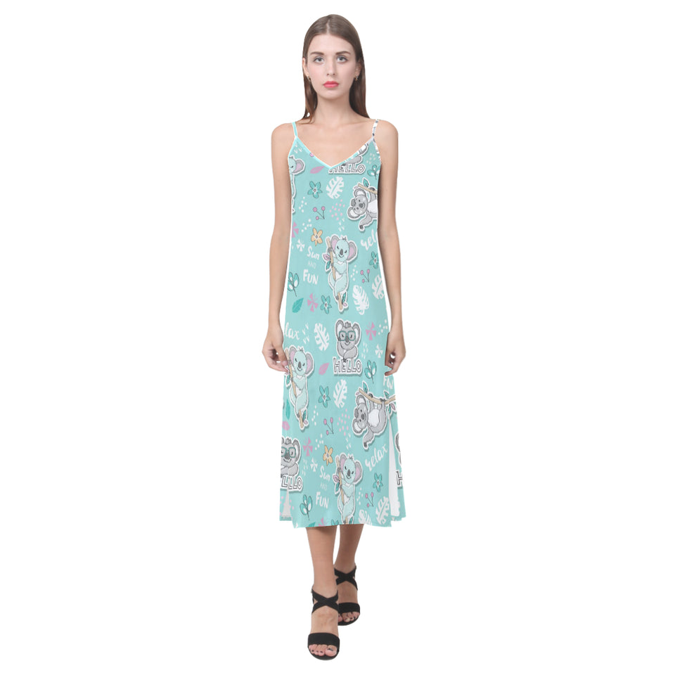 Cute koalas blue background pattern V-Neck Open Fork Long Dress