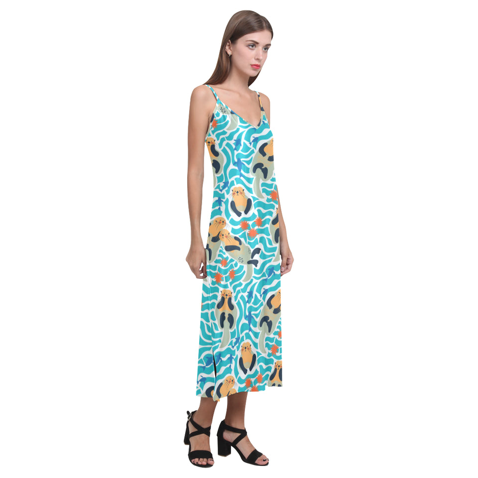 Cute sea otters fishe sea urchin pattern V-Neck Open Fork Long Dress