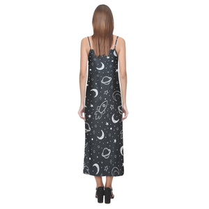 Hand drawn space rocket star planet V-Neck Open Fork Long Dress