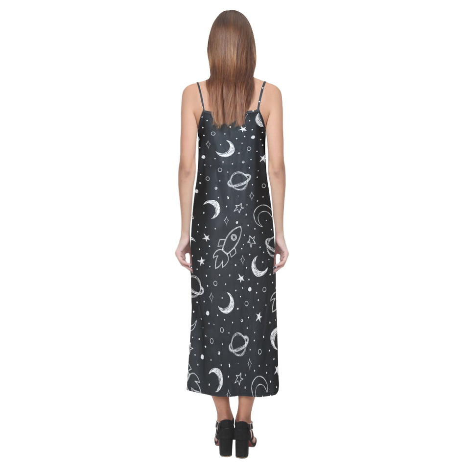 Hand drawn space rocket star planet V-Neck Open Fork Long Dress
