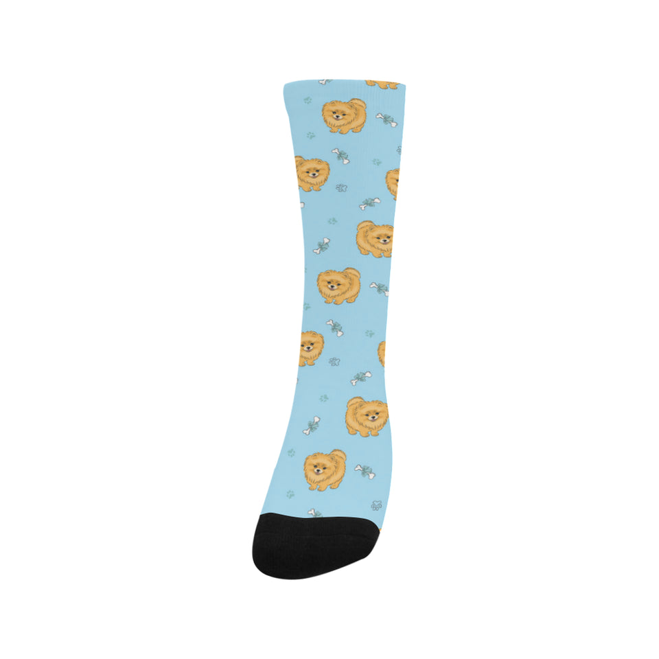 Brown cute pomeranian blue blackground Crew Socks