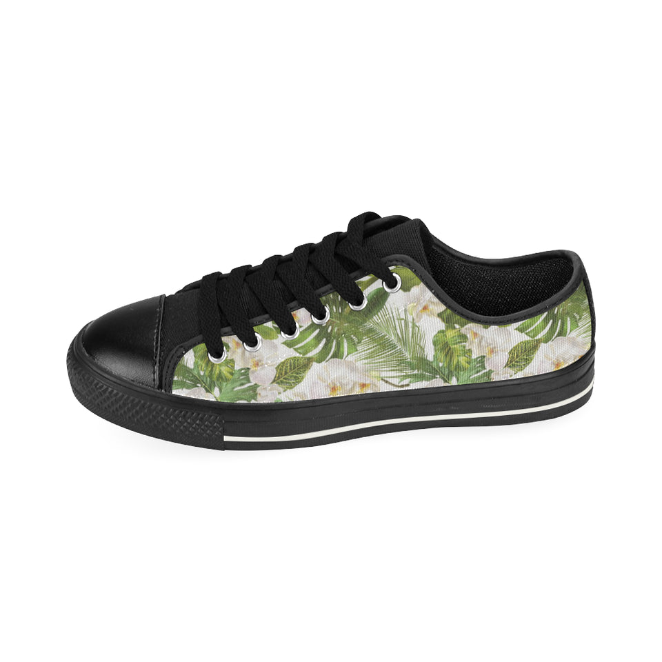 White orchid flower tropical leaves pattern Men's Low Top Canvas Shoes Black