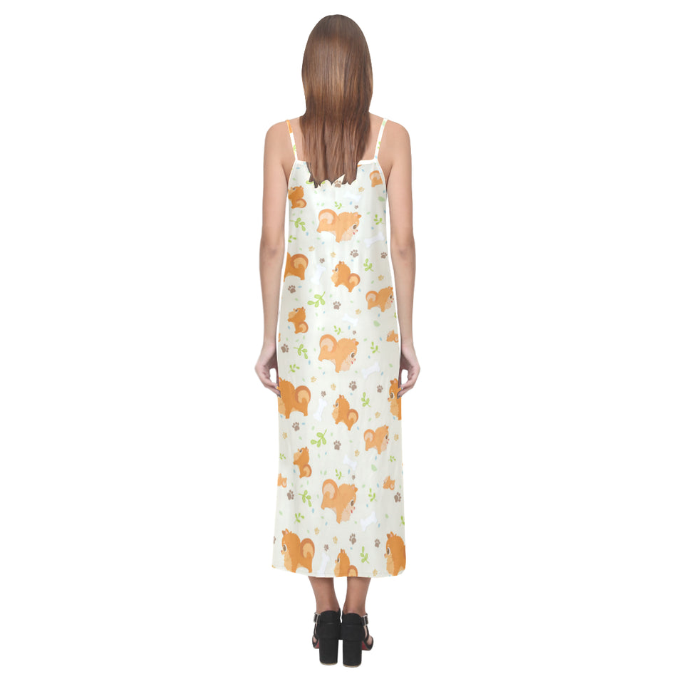 Cute brown pomeranian paw leave bone pattern V-Neck Open Fork Long Dress