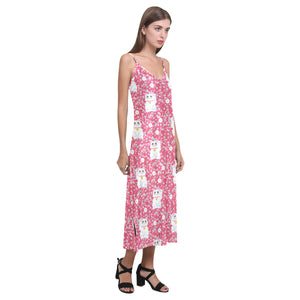 Maneki neko cat sakura pink background V-Neck Open Fork Long Dress