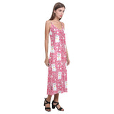 Maneki neko cat sakura pink background V-Neck Open Fork Long Dress