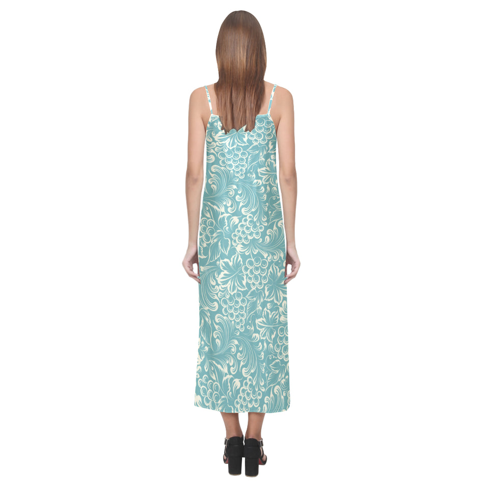 Classic Hand drawn Grape pattern V-Neck Open Fork Long Dress